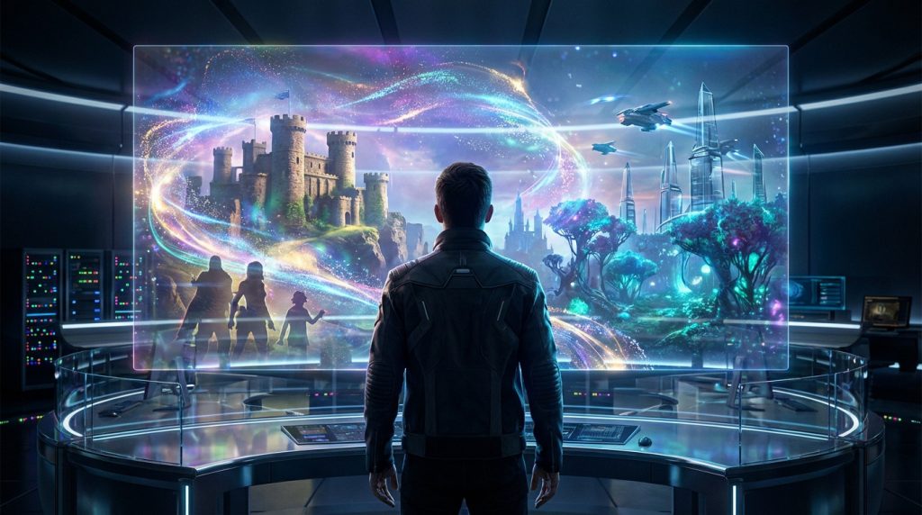 Man views vast holographic screen creating a vibrating 3D game world with castles, cities, and characters in a futuristic lab.