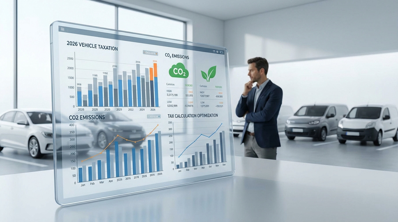 Transparent screen displays 2026 vehicle tax, CO2 emissions charts. A man reviews data in a modern office with a business fleet.